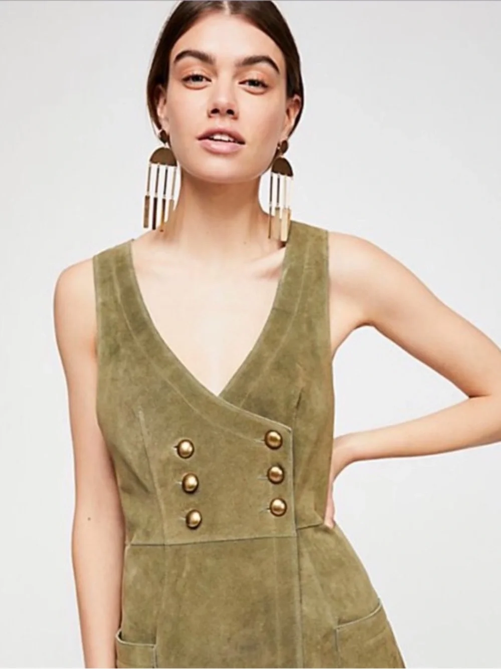 Free People Stevie Mini Dress Olive Green Suede Double-Breasted Sz 6 Military